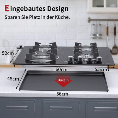 Gaskochfeld 4 Flammig, IsEasy Gaskochfeld Glas mit Automatischer Thermoelementschutz, Einbau Kochfeld Glas, 4 Zonen Gaskochfeld, Erdgas/Propangas, Schwarz Glasherd, 60cm, Up to 7800W