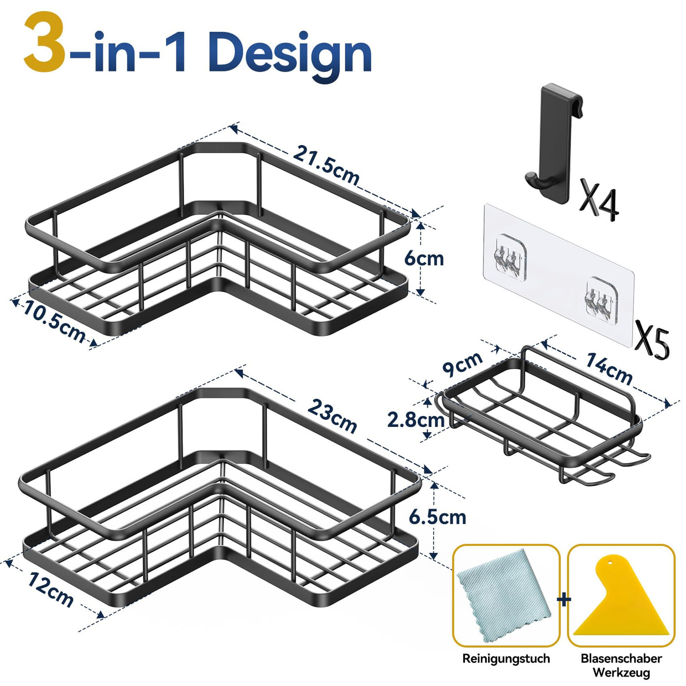 YASONIC Duschablage Ecke ohne Bohren Badezimmer Organizer, verdicktes Duschregal Ecke ohne bohren mit großer Kapazität, Shampoo Halterung für Dusche mit 4 abnehmbaren Haken, Badregal 3 Stück, Schwarz