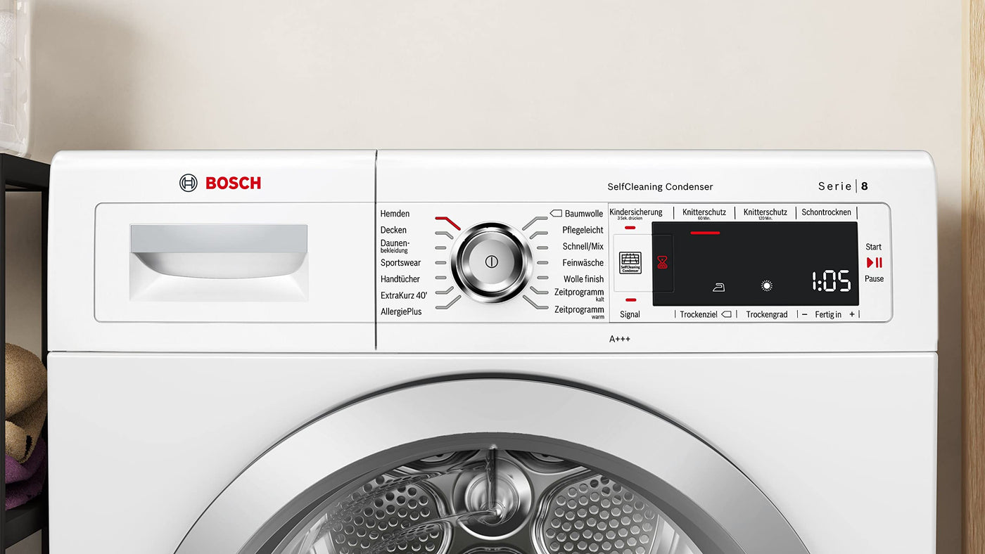 Bosch Wärmepumpentrockner für 8 kg Wäsche, Serie 8, 176 kWh pro Jahr, Auto Dry, Anti Vibration-Design, Comfort Control, Sensitive Drying-System, Allergie Plus, Weiß, WTW875W0