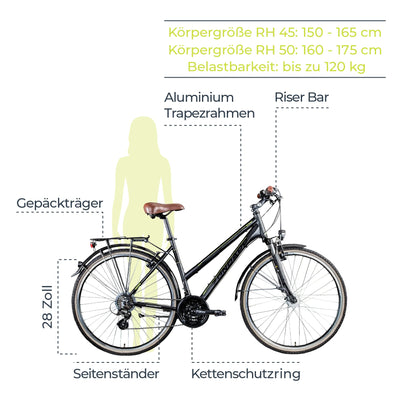 ZÜNDAPP T700 700c Trekkingrad Damen Fahrrad Trekking 28 Zoll Trekkingfahrrad StVZO (schwarz, 45 cm)