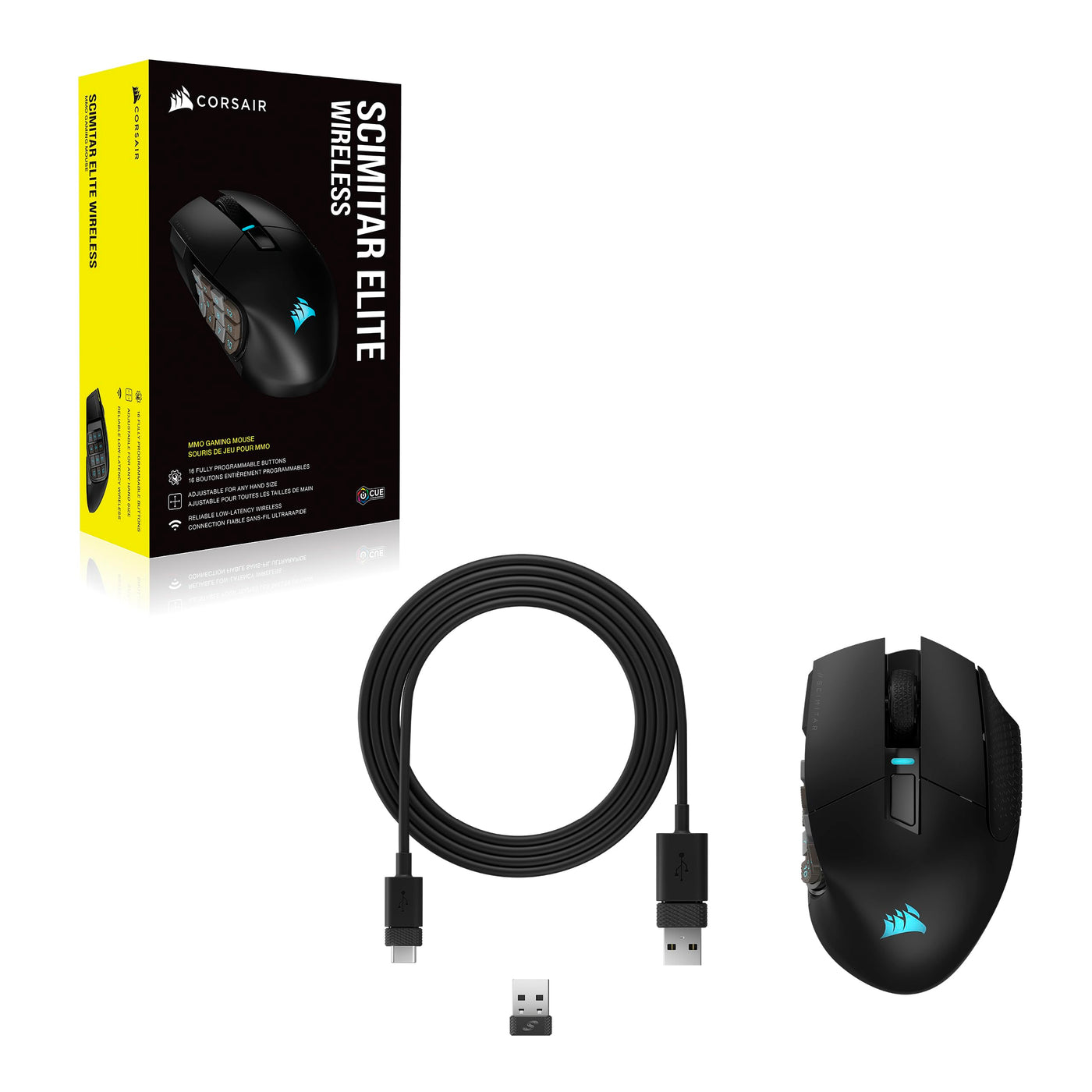 CORSAIR SCIMITAR ELITE WIRELESS MMO Gaming Mouse - 26.000 DPI - 16 Programmierbare Tasten - Bis zu 150 Stunden Akkulaufzeit - iCUE-Kompatibel - PC, PS5, PS4, Xbox - Schwarz