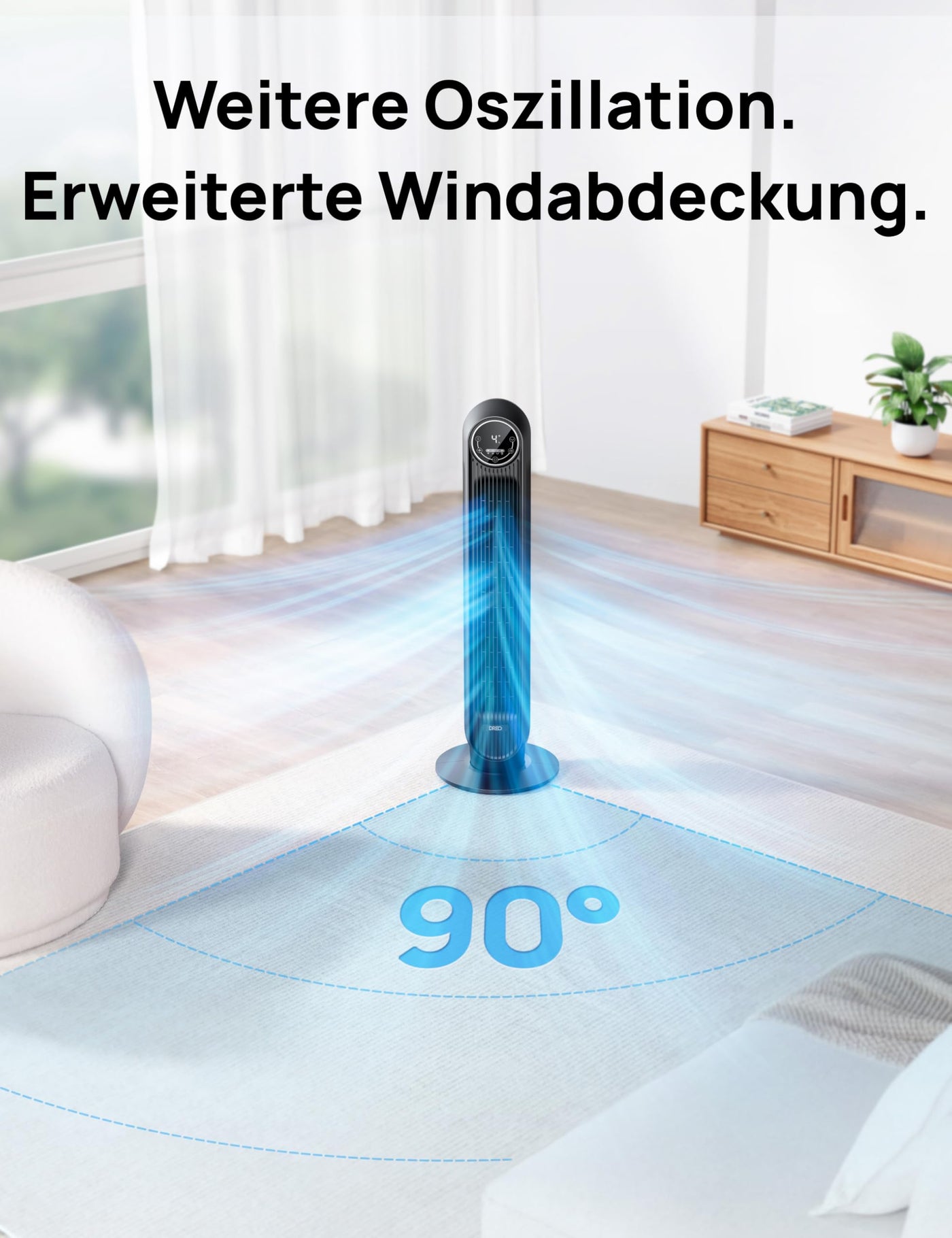 Dreo 28dB Leiser Turmventilator, 7,3m/s Geschwindigkeit 4 Geschwindigstufen 4 Modi 8 Std. Timer 90° oszillierende Ventilatoren mit Kühlung Fernbedienung für Schlafzimmer, Nomad One, Schwarz