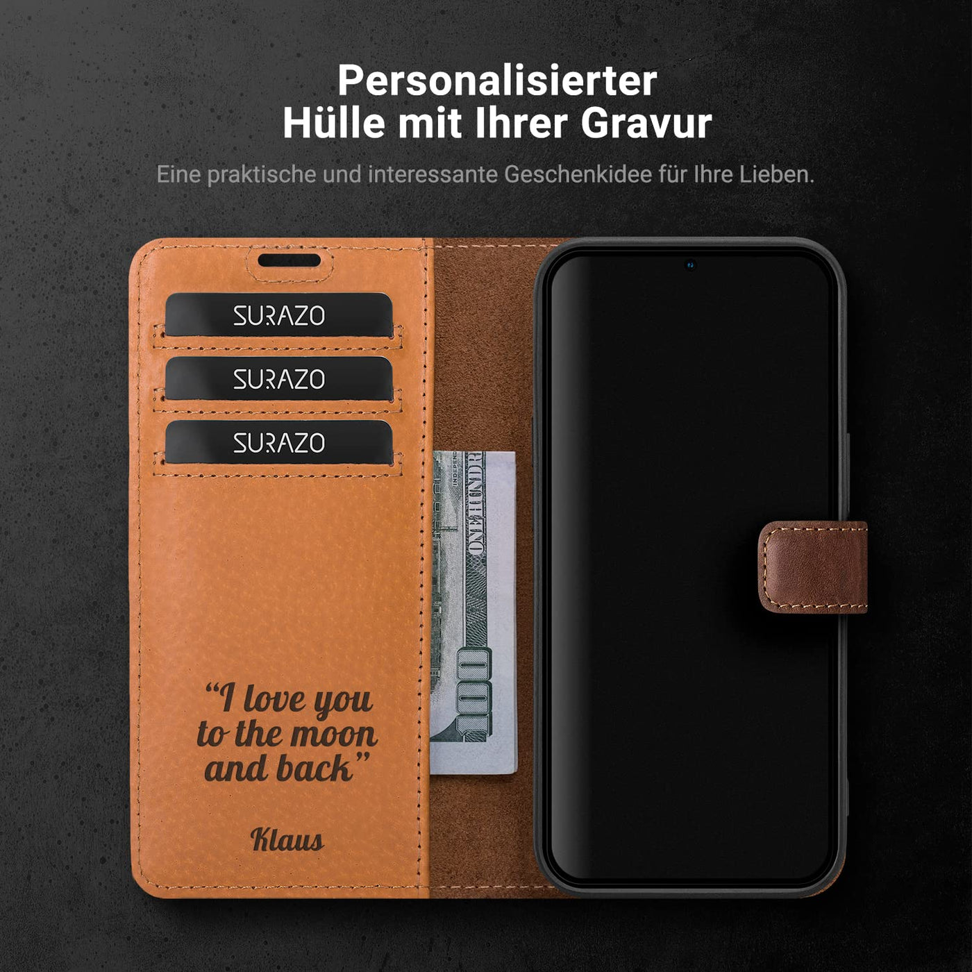 SURAZO Personalisierte Handyhülle für Samsung Galaxy A55 5G Hülle Leder – Klappbare Echtleder Schutzhülle [Magnet, Kartenfach, RFID Schutz, Standfunktion] Flip Klapphülle Wallet Case Cover Lederhülle