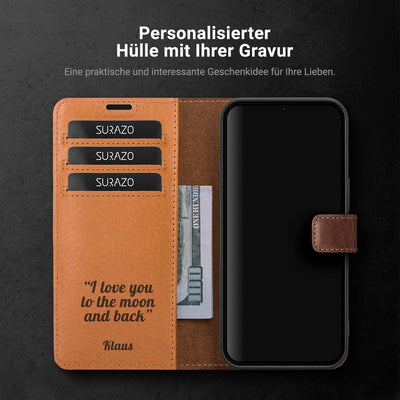 SURAZO Personalisierte Handyhülle für Samsung Galaxy A55 5G Hülle Leder – Klappbare Echtleder Schutzhülle [Magnet, Kartenfach, RFID Schutz, Standfunktion] Flip Klapphülle Wallet Case Cover Lederhülle