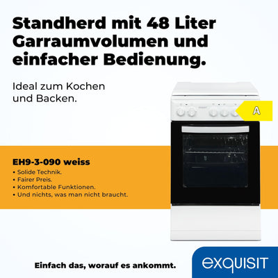 Exquisit Standherd, Standherd 50 cm Breite, Massekochfeld, einfach zu bedienen, 48 l Garraum, Elektro-Standherd 50 cm, EH9-3-090 weiss