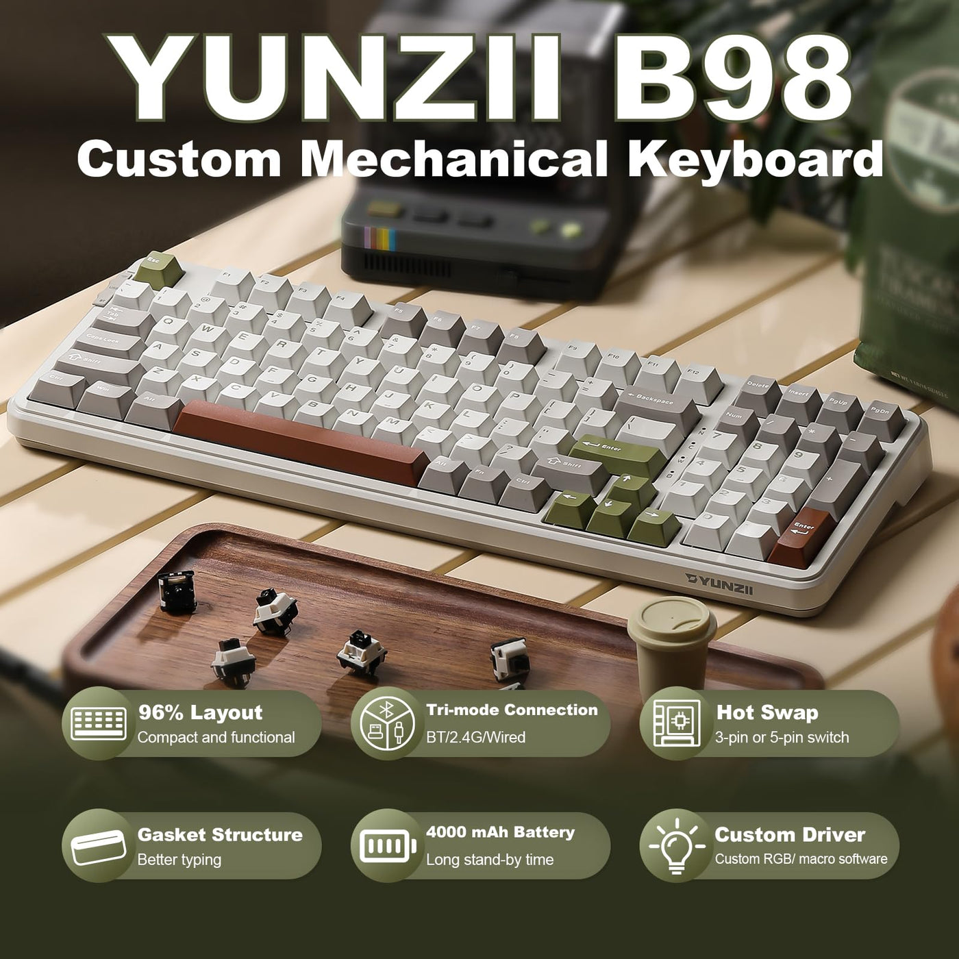 YUNZII B98 Wireless Mechanical Keyboard, Hot Swappable Custom Keyboard with Numpad, Pre-lubed Linear Switches, Gasket Mounted RGB Backlit Gaming Keyboard (beige, Cocoa Cream v2 linear Switch)