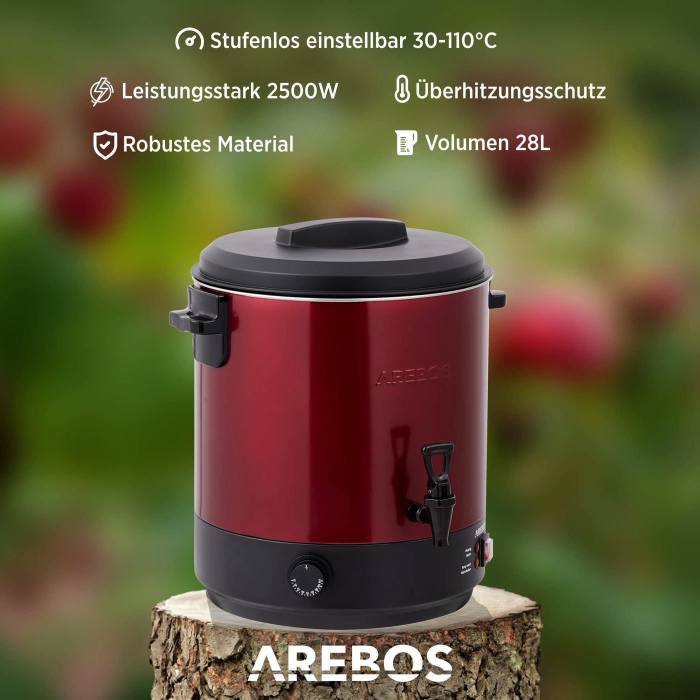 Conservateur Arebos 2500 W | Marmite à conserves 28 L | avec thermostat et protection contre la surchauffe | réglage continu de la température 30-110°C | fabricant de vin chaud | avec lève-bocal et entonnoir de conservation | Rouge