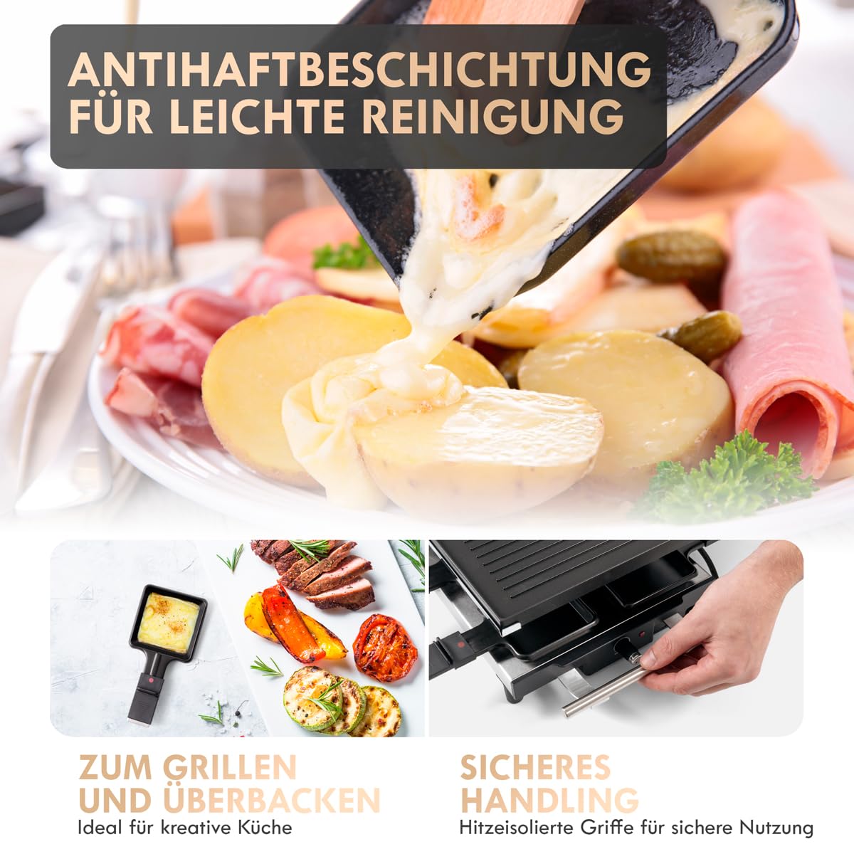 ProfiCook® Raclette 10 Personen mit heißem Naturgrillstein | Raclette antihaftbeschichtet | Raclette für 10 Personen | inkl. 10 Pfännchen & Holzspatel | Edelstahlgriff (wärmeisoliert) | PC-RG 1144