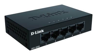 D-Link DGS-105GL 5-Port Unmanaged Gigabit Switch (ohne Lüfter, Metallgehäuse, Desktop, Plug-and-Play, QoS, 802.3az EEE), Black