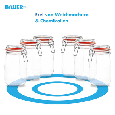 Flaschenbauer - 6-teiliges Set Drahtbügel-Vorratsgläser 1140ml, geeignet als Einmach- und Fermentierglas, zur Aufbewahrung, zum Befüllen, inklusive Etiketten, Gläser mit Drahtbügel - Made in Germany