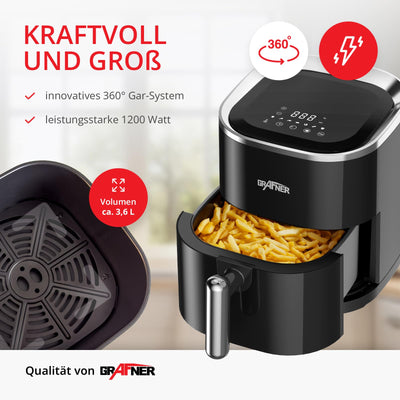 Grafner XL Digitale Heißluftfritteuse, 3,6 Liter, 1200 Watt, LED-Touchscreen, 7 Programme, 360° Gar-System, Timer, Antihaft-Beschichtung, Fritteuse ohne Fett, Airfryer ölfrei Heissluftfritteuse