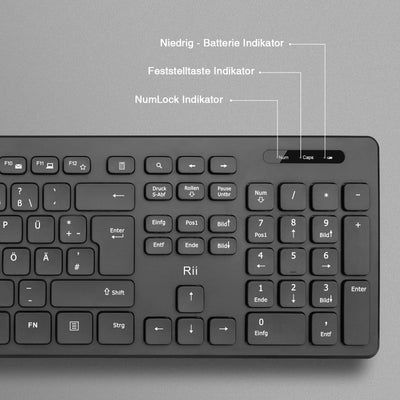 【2-Pack】 Rii Tastatur Maus Set kabellos, Funktastatur mit Maus, Wireless Keyboard and Mouse, Für PC/Laptop/Windows/Smart TV, Deutsches Layout - schwarz