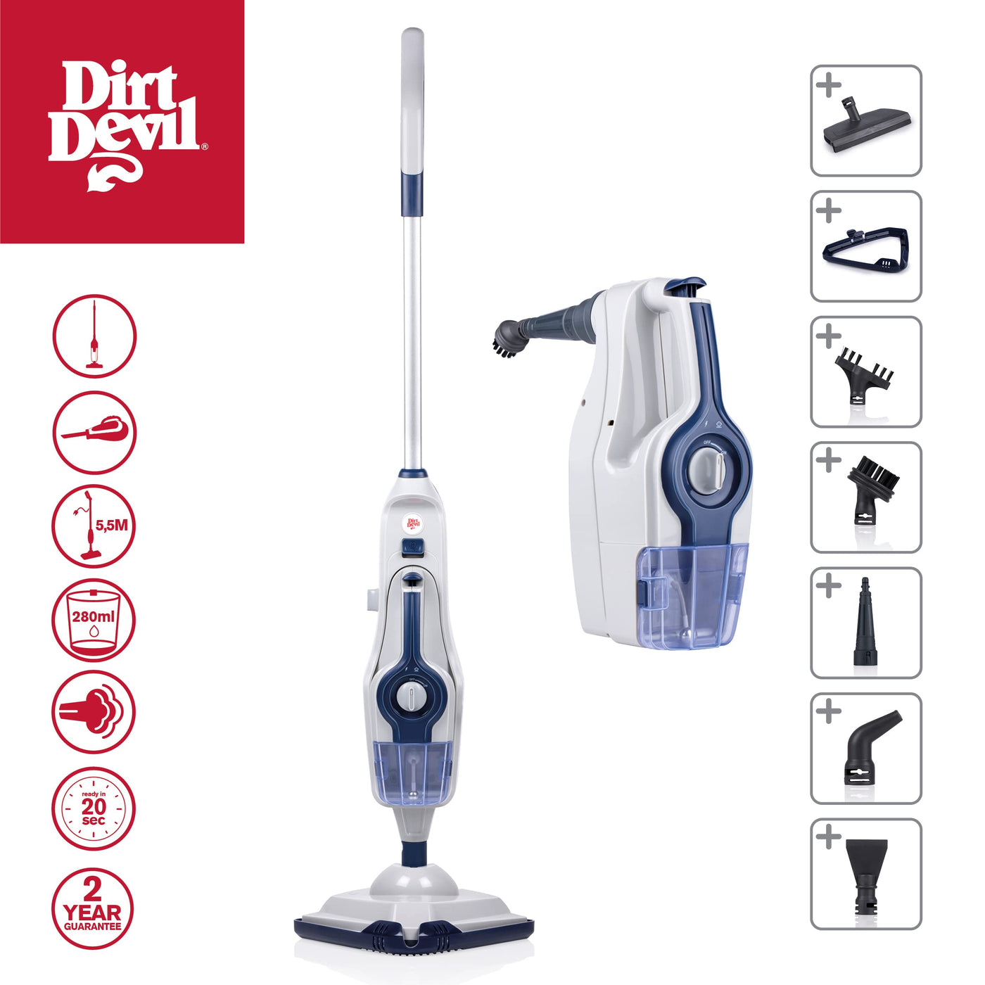 Dirt Devil Dampfreiniger DD7003-2-in-1 Handdampfreiniger und Bodenreiniger - Bodenwischer 1600W - inkl. 5 Verschiedene Aufsätze - Geeignet für Verschiedene Bodentypen - 5,5 Meter Reichweite - Blau