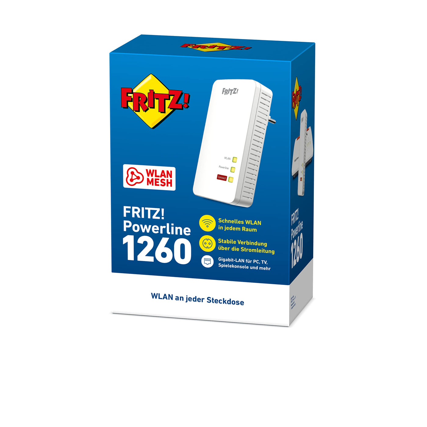 AVM FRITZ!Powerline 1260 Single-Adapter (1.200 MBit/s, WLAN-Access Point, ideal für Media-Streaming oder NAS-Anbindungen, deutschsprachige Version) weiß