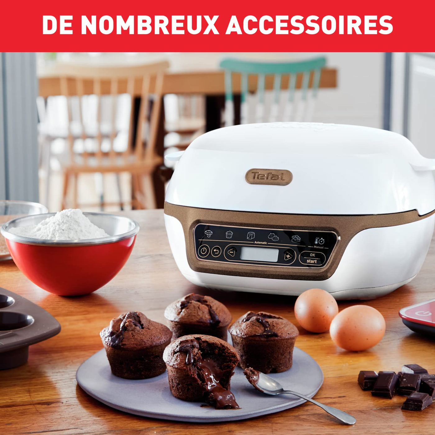 Tefal Kuchenmaschine, 5 automatische Programme zur Einstellung, 1 manueller Modus, 3 flexible Formen, 1 große Backform aus beschichtetem Stahl, kompatibel mit Crispybake, Cake Factory + KD802112