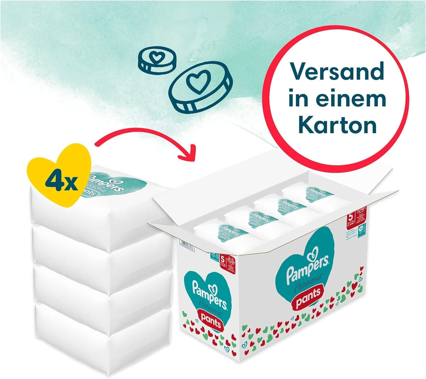 Pampers Harmonie Windeln Pants Baby, Größe 5 (12kg-17kg), Monatsbox, sanfter Hautschutz und pflanzenbasierte Inhaltsstoffe, 144 Höschenwindeln