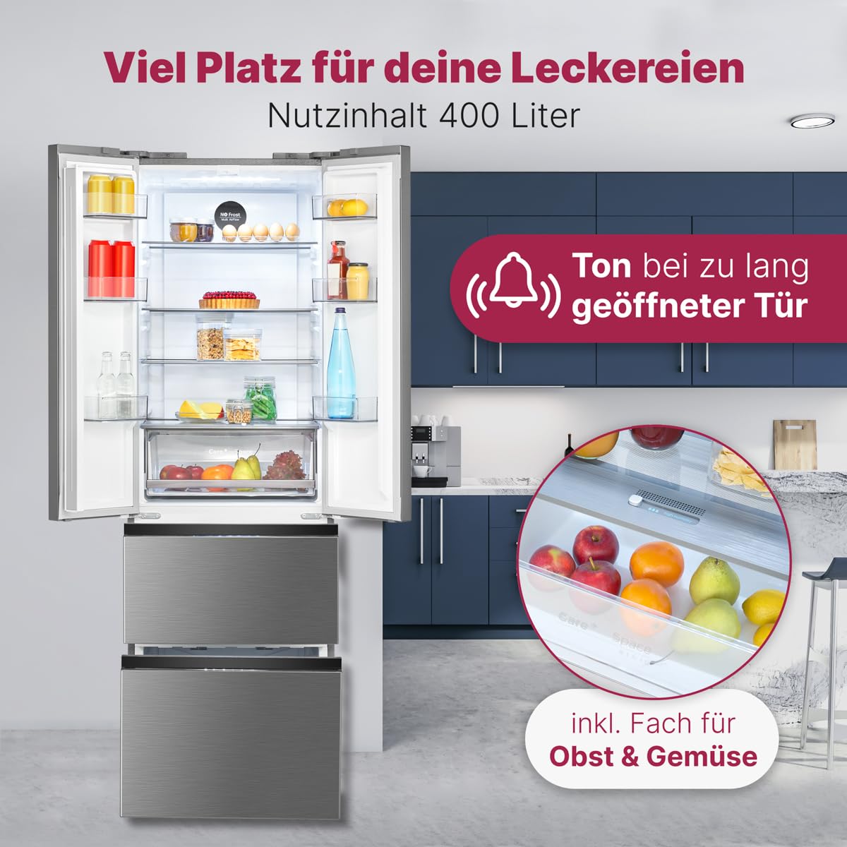 Bomann® French Door Kühlschrank No Frost | Kühl-Gefrier-Kombinationen mit Total No Frost | Kühlschrank mit Gefrierfach 400L | Side by Side Kühlschrank mit MultiAirflow-System | KG 7354 Edelstahl