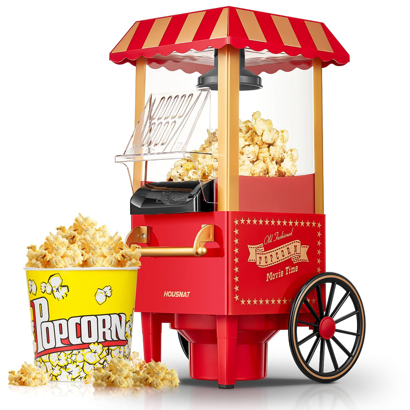 HOUSNAT Popcornmaschine Heissluft - Retro Klein Popcorn Maker -Fettfreies Ölfreies & Gesunder Maïs Snack - 1200W Popcorn Maschine für Zuhause - Filmabend & Weihnachten - Rot