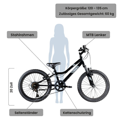 Galano GA20 20 Zoll Kinderfahrrad MTB Jugendfahrrad Mountainbike Jugend Kinder Fahrrad ab 6 (schwarz/grau, 26 cm)