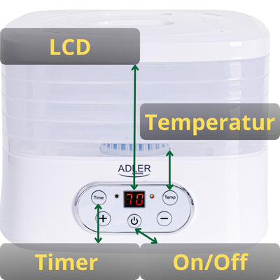 ADLER Küchenminis Dörrautomat, Dörrgerät für Obst, Pilze, Fleisch, Gemüse, Pflanzen, Kräuter & Gewürze - LCD Bedienfeld, 5 Tabletts, Dehydrator, Timer, 550W, Gefriertrockner, kräutertrockner