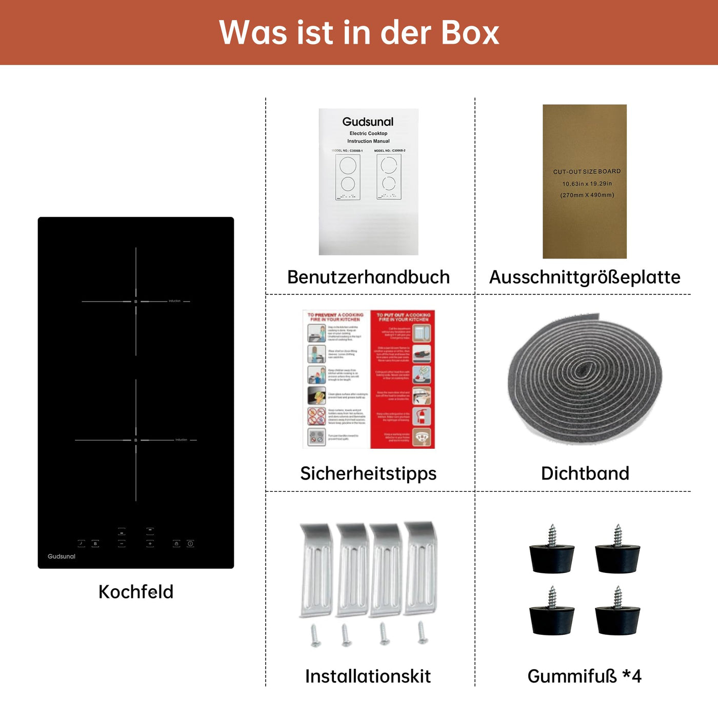 Gudsunal Induktionskochfeld, Kochfeld 2 Platten Einbau, 3600 W, kontinuierliche Niedrigleistungsheizung, Booster, 9 Leistungsstufen, Timer, automatische Abschaltung, Kindersicherung, Topferkennung