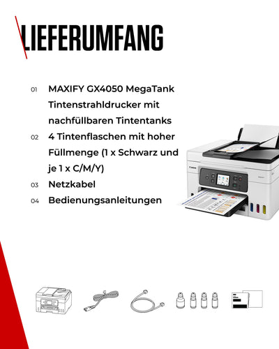 Canon MAXIFY GX4050 MegaTank Multifunktionsdrucker 4in1 (Tintenstrahl, Druck, Kopie, Scan, Fax, ADF 35 Blatt, WLAN, LAN, Touch LCD, Duplex, niedrige Seitenkosten, hohe Reichweite, gerader Einzug) weiß