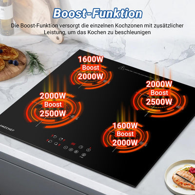 AMZCHEF Induktionskochfeld 60cm, 4 Platten Induktionskochfeld | Einbau Induktionskochplatte | Boost-Funktion | 9 Leistungsstufen | Sicherheitsschloss | Touch-Bedienung | Zeitschaltuhr | 7200W