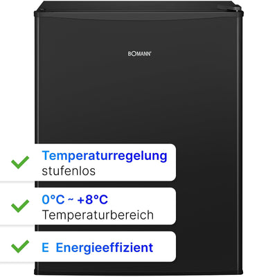 Bomann Mini Kühlschrank mit 58 Liter Nutzinhalt | Kühlschrank klein mit 2 herausnehmbaren Glasablagen | Mini Fridge mit stufenloser Temperaturregelung u. wechselbarem Türanschlag | KB 7347 schwarz