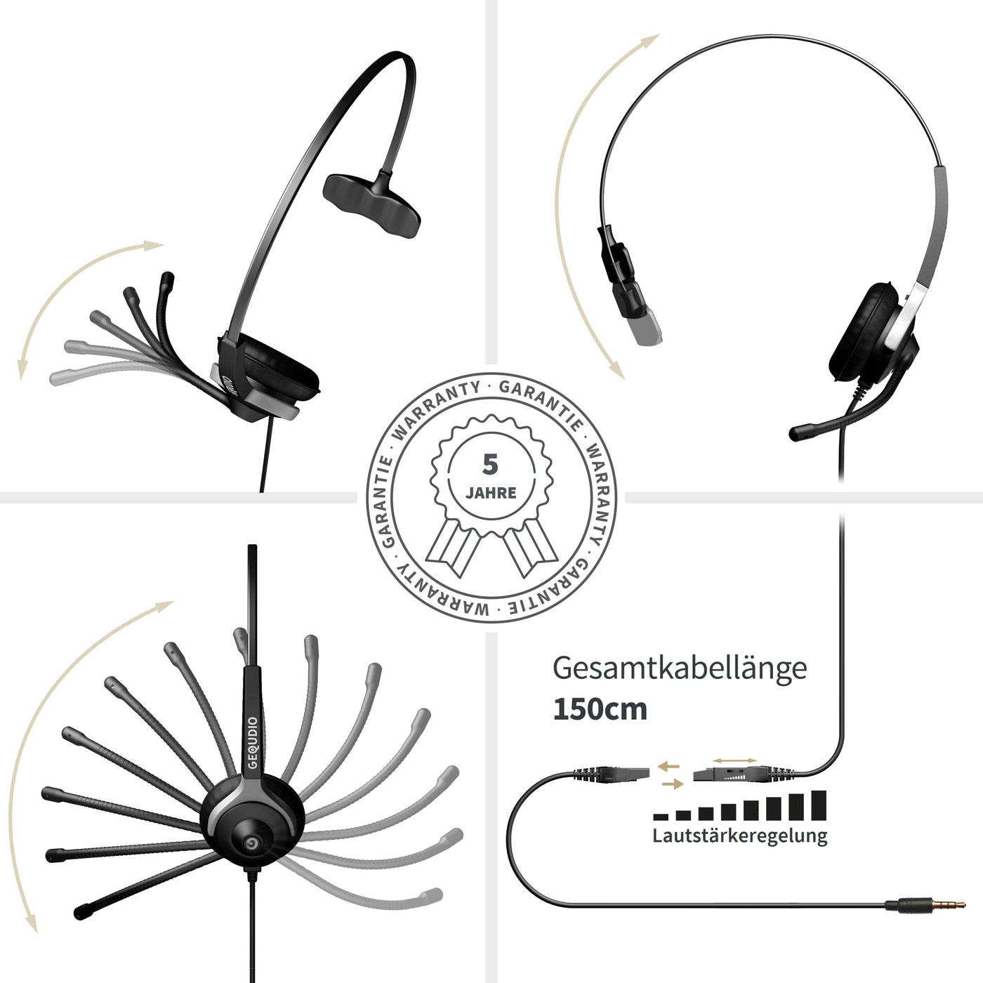 GEQUDIO Headset mit 3,5mm Klinke kompatibel mit FritzFon C6, X6, MacBook, Smartphone, Speedphone, Notebook, PC, Laptop - Kopfhörer & Mikrofon mit Ersatz Polster - leicht 60g (1-Ohr)