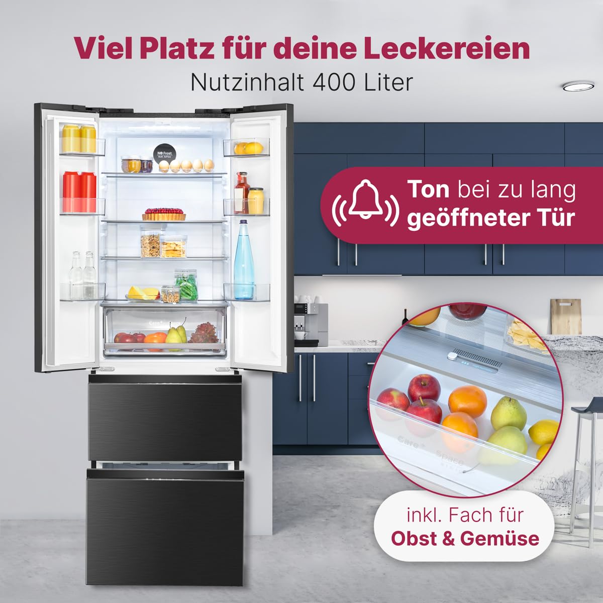 Bomann® French Door Kühlschrank No Frost | Kühl-Gefrier-Kombinationen mit Total No Frost | Kühlschrank mit Gefrierfach 400L | Side by Side Kühlschrank mit MultiAirflow-System | KG 7354 schwarz-inox