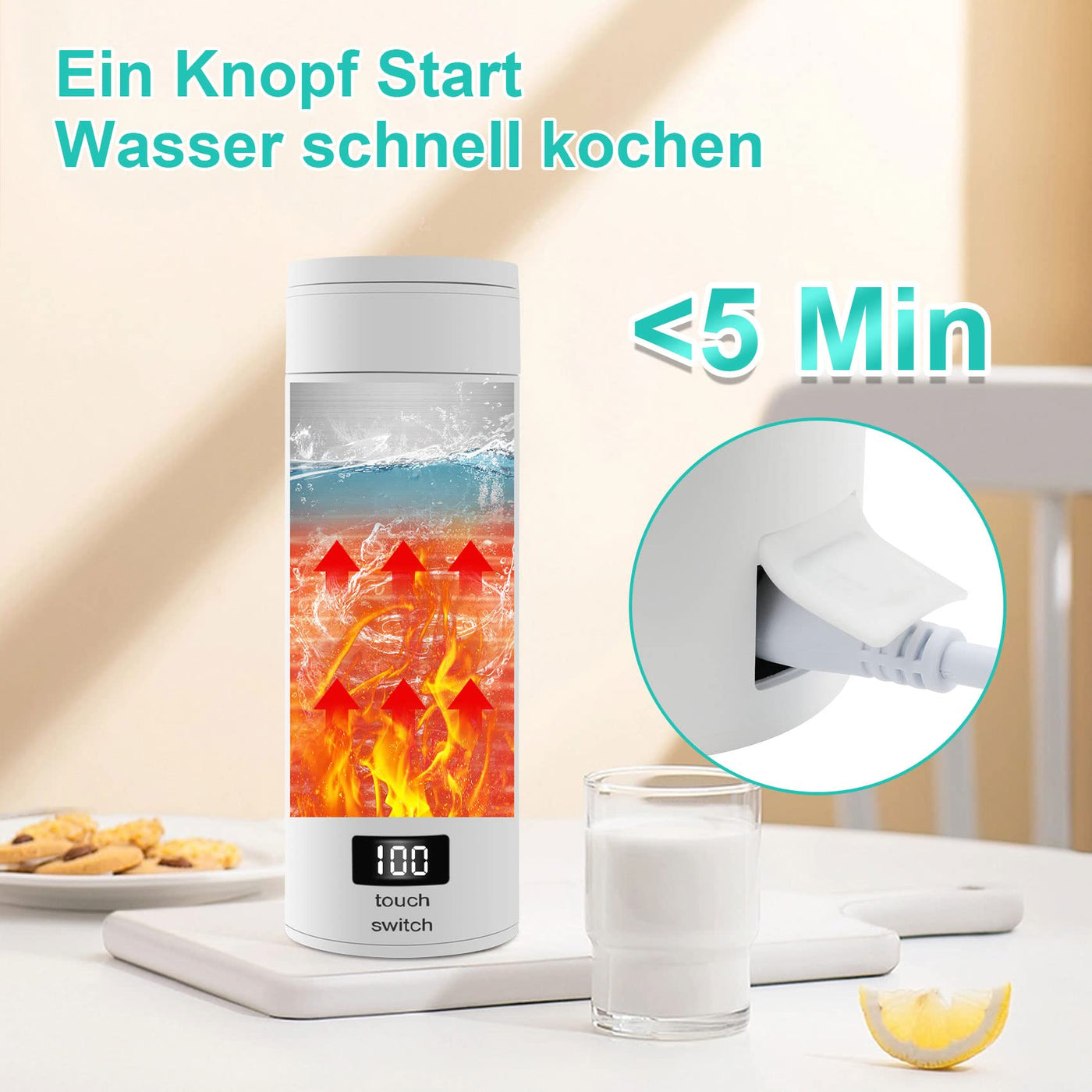 Reise Wasserkocher Klein, Elektrische Wassertasse,220V 300W Schnellkoch-Teekanne-Heizbecher mit Temperatureinstellung, mit Automatischer Abschaltung für Unterwegs（Netzkabel befindet sich im Becher）