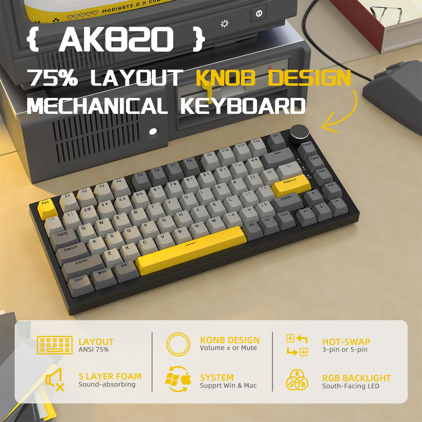 YINDIAO Ajazz AK820 Mechanische Tastatur mit Knopf,75% ANSI-Layout,82 Tasten,Kabelgebundene Gaming-Tastatur,Verbesserte Dichtungsmontage,Hot Swappable,Linearer Schalter,RGB-Licht,für PC,MAC (Grau)