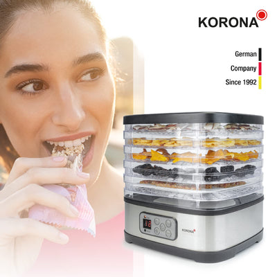 Korona 57011 Dörrautomat mit Müsliriegelform | 5 Ebenen | Trocknet Früchte, Fleisch, Fisch, Kräuter | Timer 8-72 Std. | Silikonform für Müsliriegel | BPA-frei | LED-Display