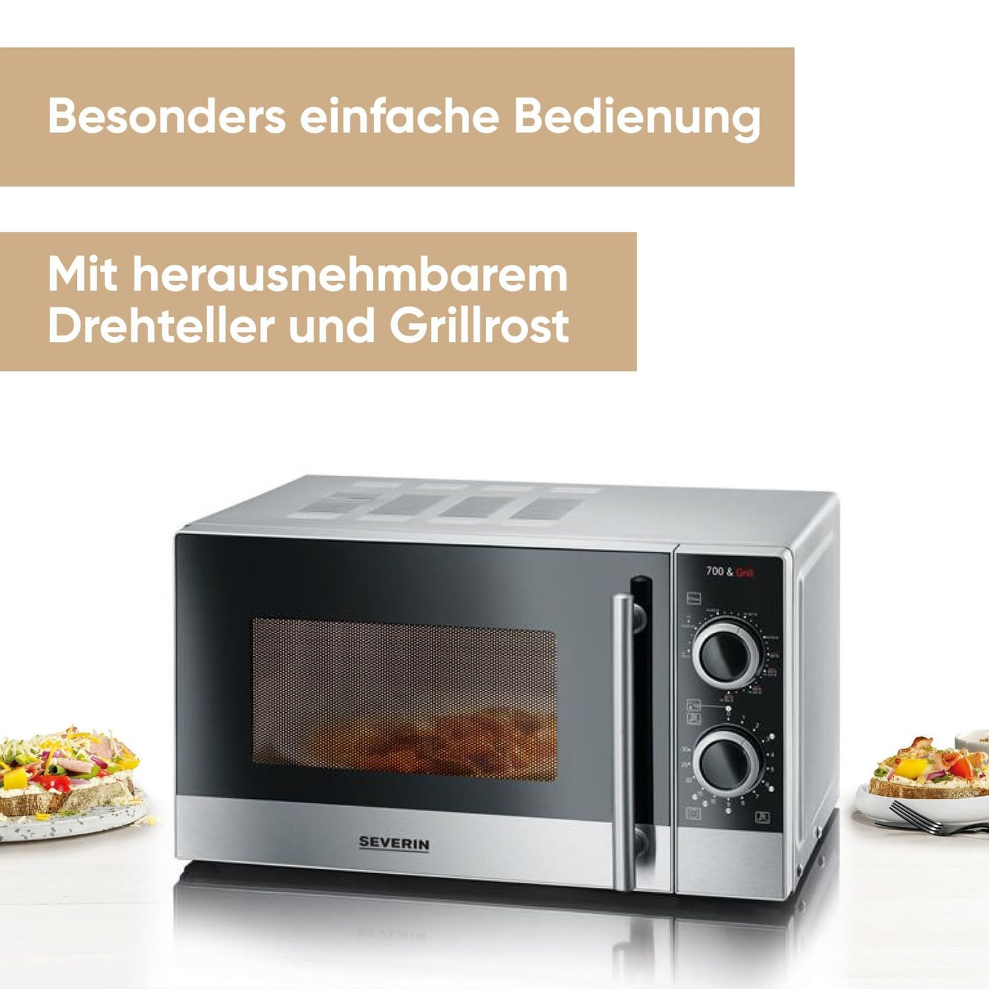 SEVERIN 2-in-1 Mikrowelle mit Grill 700 W, Grillofen mit 9 Automatikprogrammen, Mikrowelle mit Grillrost und Drehteller, silber-schwarz / Edelstahl, MW 7874