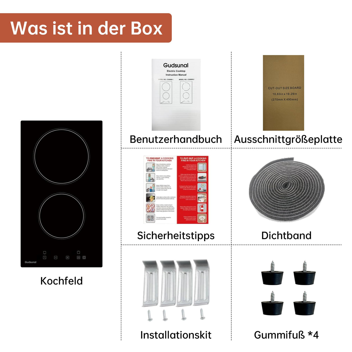 Gudsunal Domino Kochfeld, 2-Platten Glaskeramikkochfeld mit Stecker, 3000W, 9 Heizstufen, 1-99 Minuten Timer, Touch-Steuerung, Automatische Abschaltung, Kindersicherung