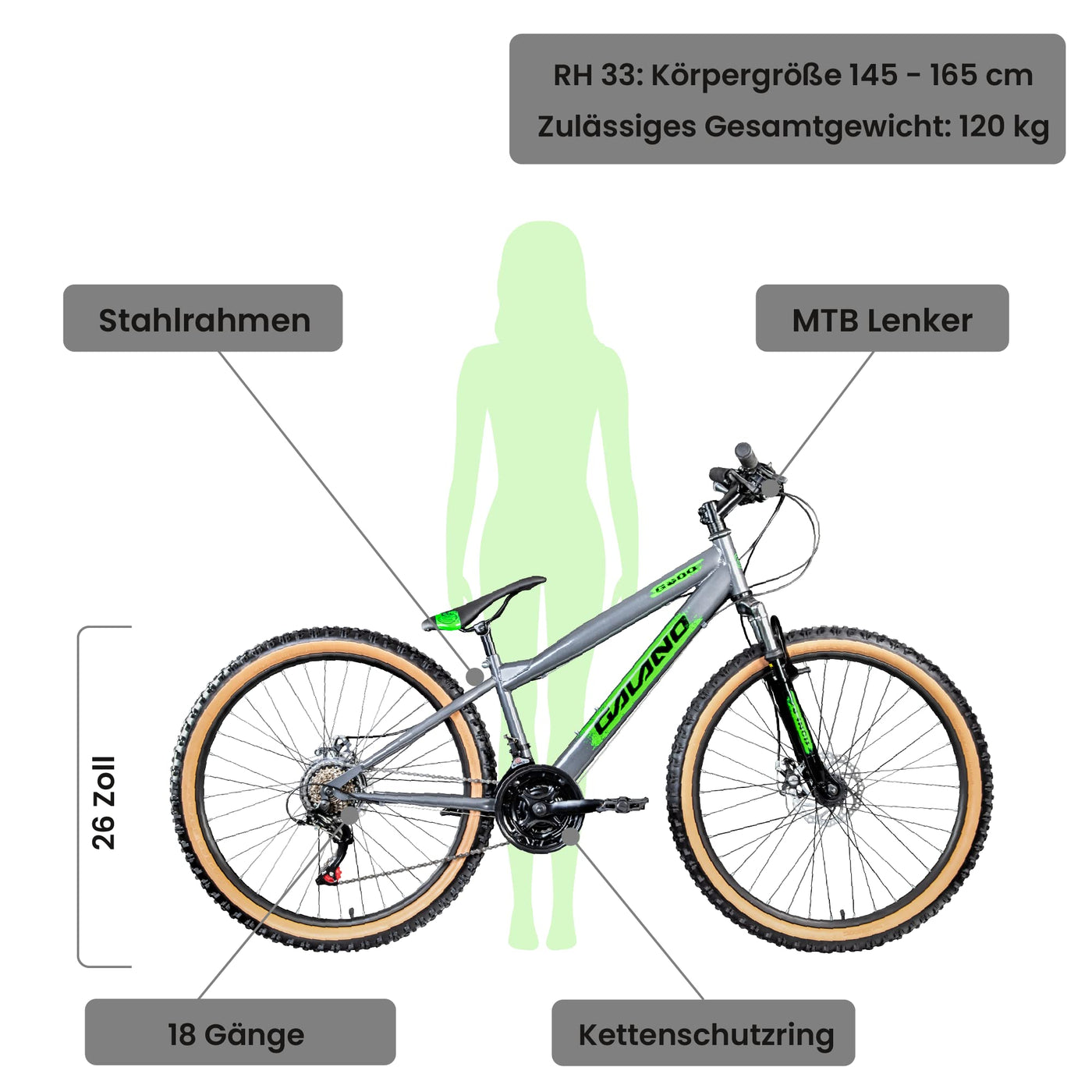 Galano Dirtbike 26 Zoll MTB G600 Mountainbike Fahrrad 18 Gang Dirt Bike Rad (grau/grün, 33 cm)