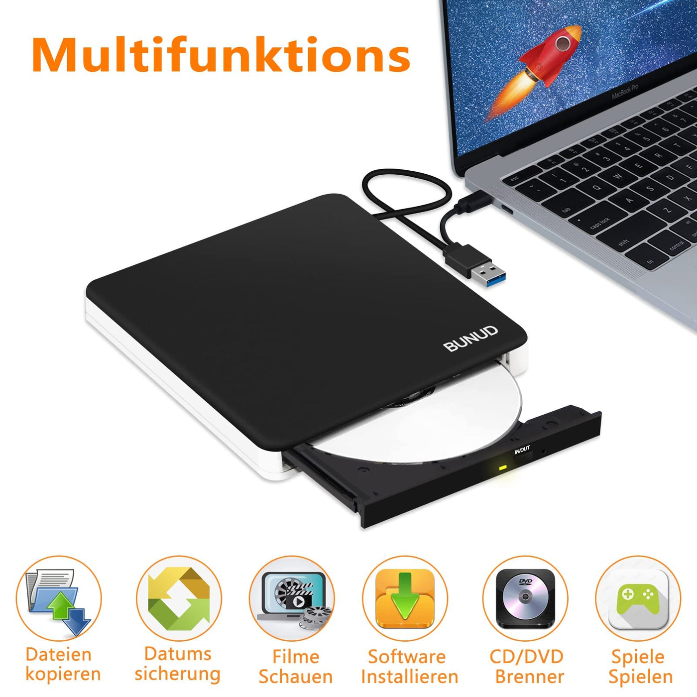 BUNUD Externes CD DVD Laufwerk USB 3.0 & Type-C DVD Laufwerk Extern mit 2 USB & SD/TF, Optical CD Laufwerk für Laptop Windows 11/10 PC Mac MacBook Pro Air