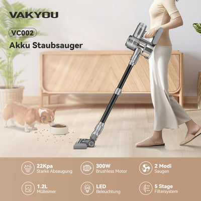 VAKYOU PRO Akku Staubsauger 350W 30KPA Stabstaubsauger mit automatischer Stauberkennung großes bis zu 15-35 Minuten 3-in-1 Handstaubsauger Akkusauger