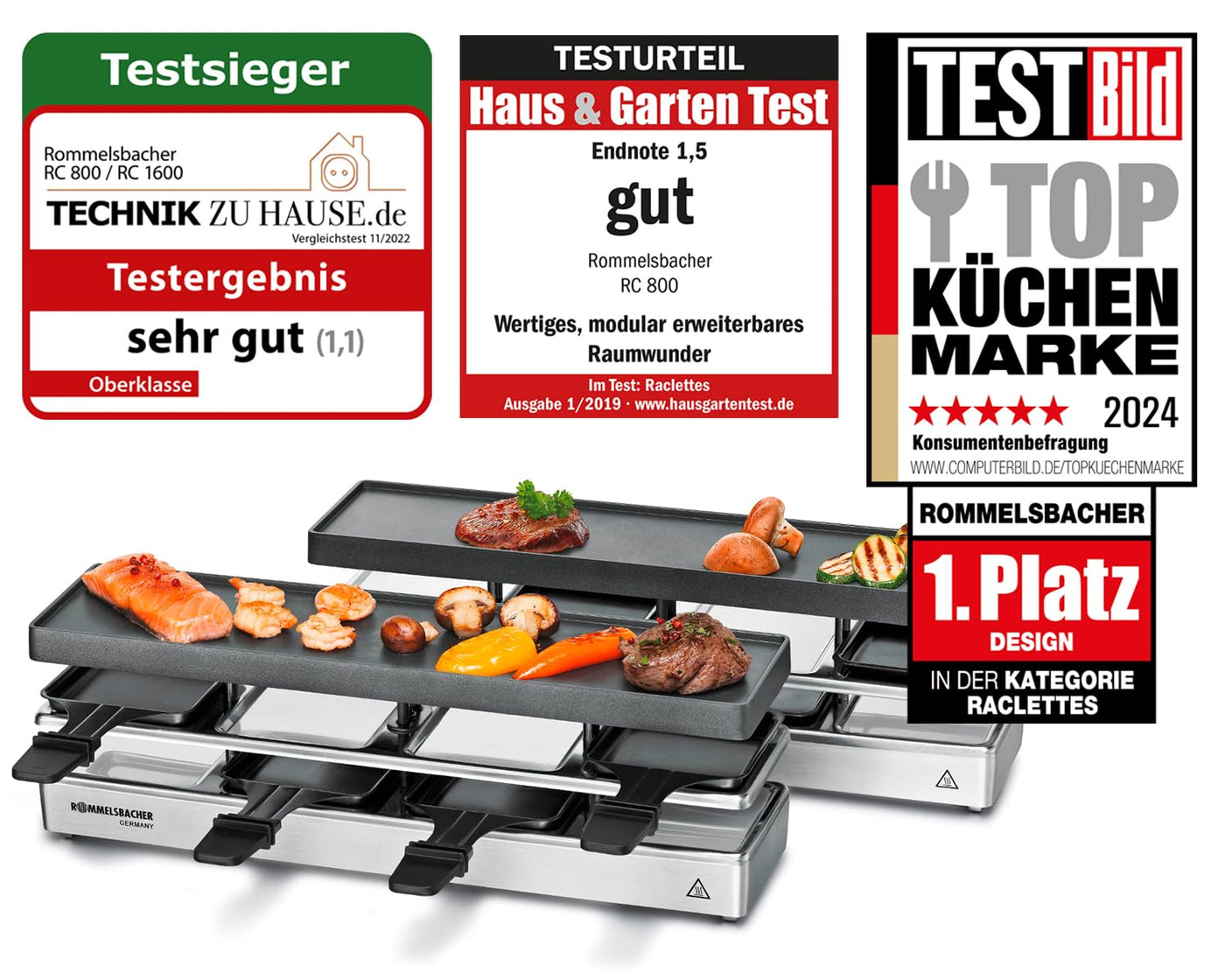 ROMMELSBACHER RC 1600 Raclette-Grill fun for 4+4 (Tischgrill, für 8 Personen, erweiterbar, Parkdeck, Alu-Druckguss-Grillplatte mit Xylan Plus Antihaftbeschichtung, 1460 W) silber