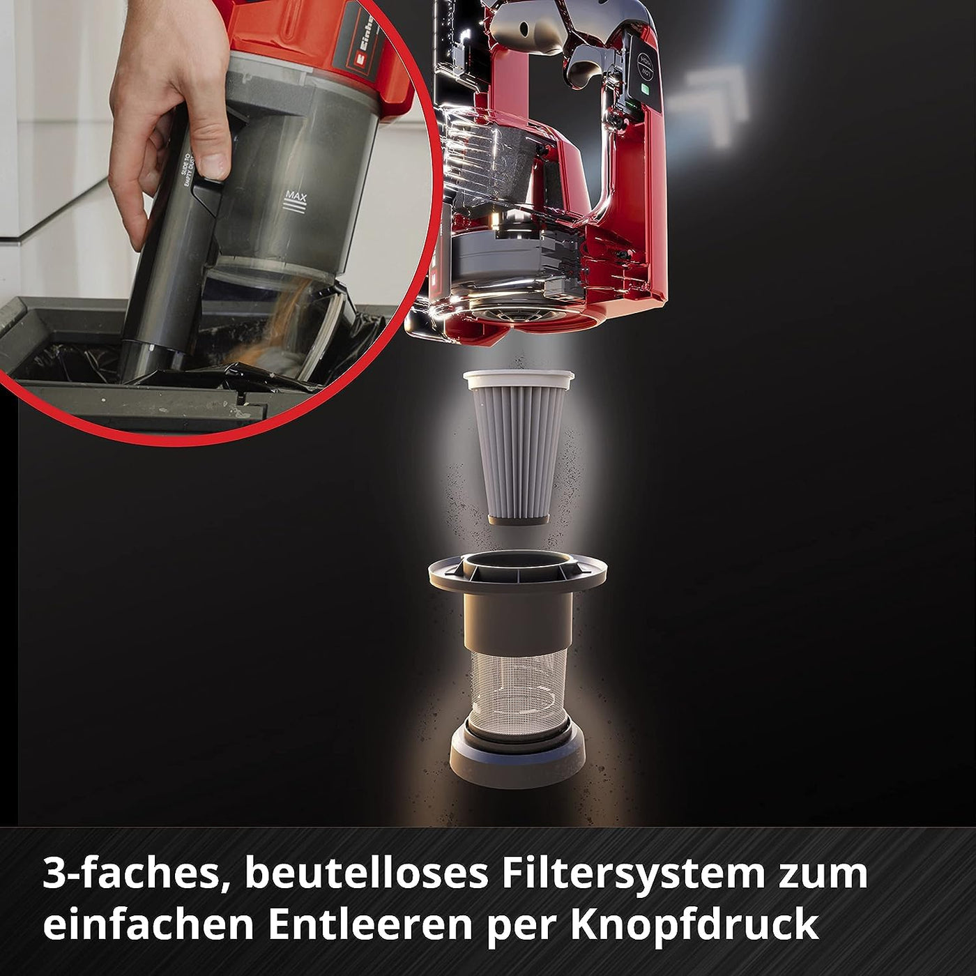 Einhell Akku-Stielstaubsauger TE-SV 18 Li-Solo Power X-Change (Li-Ion, 18V, unbegrenzte Laufzeit dank Wechselakku-System, beutellos, Zyklontechnologie, BOOST-Mode, 3-fach Filtersystem)