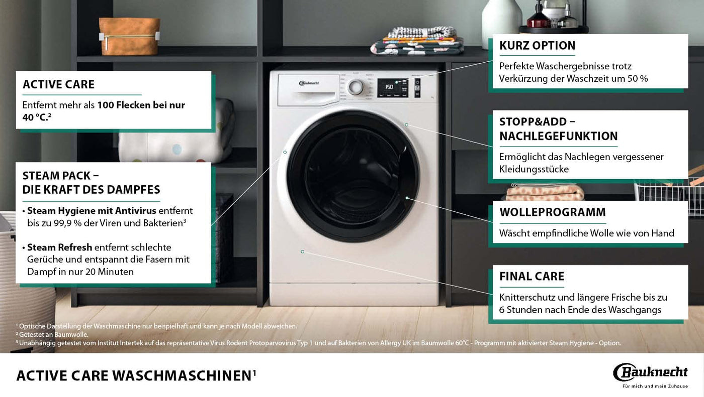 Bauknecht W Active 8A Waschmaschine Frontlader/ 8kg/ kraftvolle Fleckentfernung/ Dampf Programme/ Steam Hygiene Option/ Energieeffizienzklasse A/ Stopp&Add Funktion/ ProSilent-Motor [Energieklasse A]