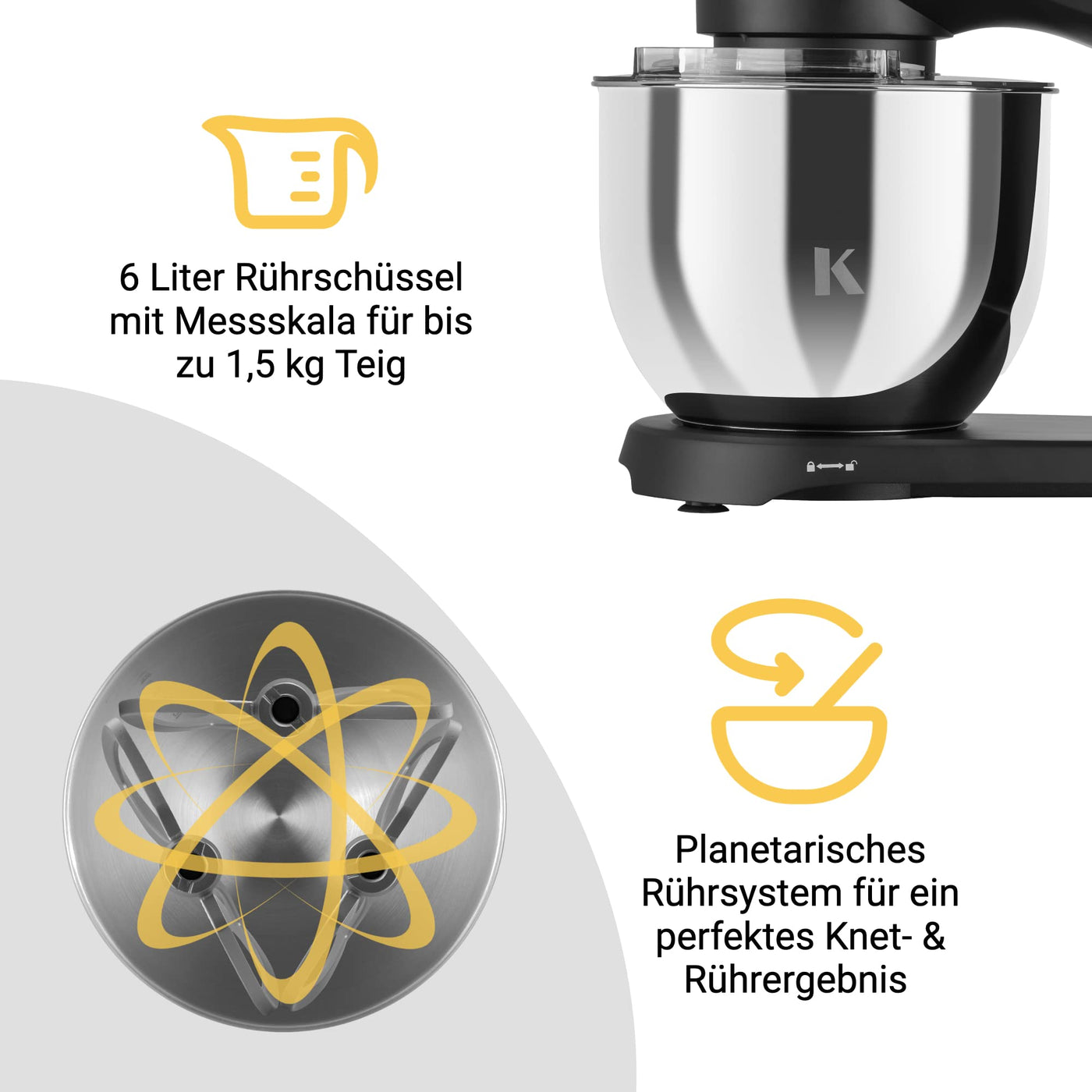 KLAMER Küchenmaschine 1800W, Knetmaschine mit 6 Liter Edelstahl Schüssel, 10 Geschwindigkeitsstufen mit Timer, Rührbesen, Knethaken, Schneebesen und Spritzschutz