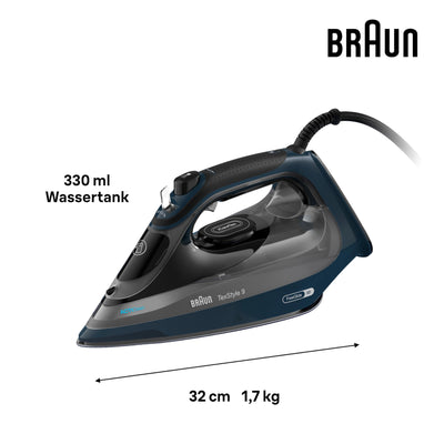 Braun TexStyle 9 SI9682 DB Dampfbügeleisen mit FreeGlide 3D Technologie, Vertikaldampf, Anti-Tropf-Funktion, Selbstreinigungsfunktion, 330 ml Einfüllöffnung, 260 g/min, 3200W, Dunkelblau