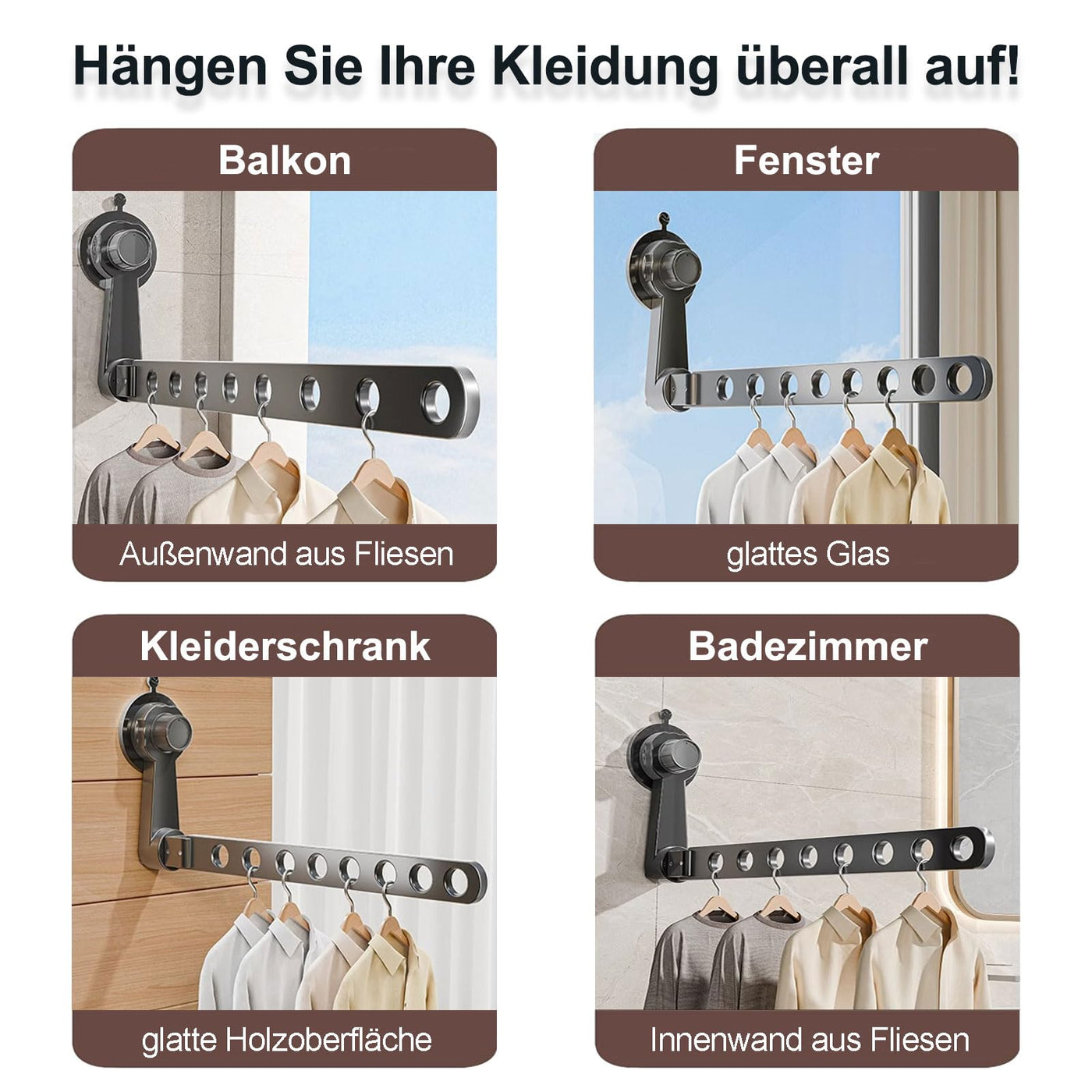 Groyells Verstellbarer Wäscheständer mit Saugnapf, Ausziehbarer Kleiderlüfter aus Aluminium, Wäschetrockner Wand, Wäscheständer Badewanne, Balkon Wäscheständer, für Waschraum, Schlafzimmer, Balkon