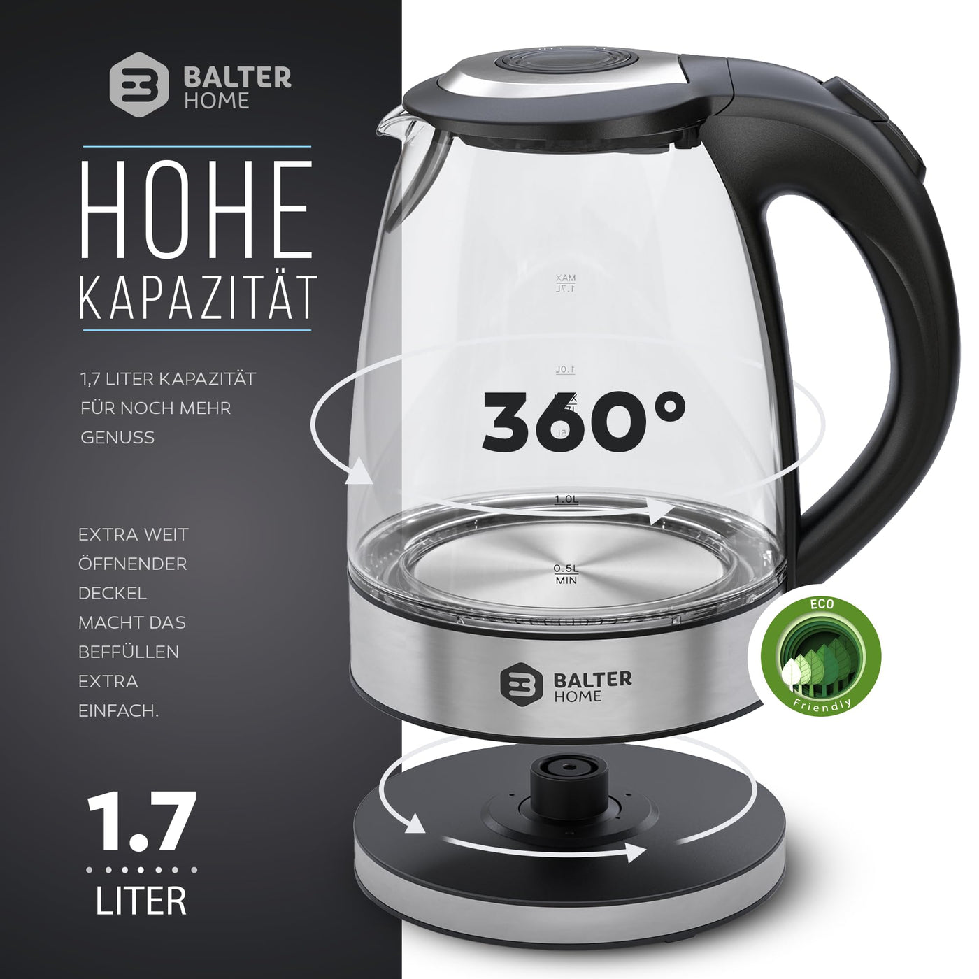 Balter Glaswasserkocher WK-9-1,7L Wasserkocher Glas - 2200W – 360° Basis - LED – Wasserkocher Klein - BPA Frei - Wasserkocher Edelstahl