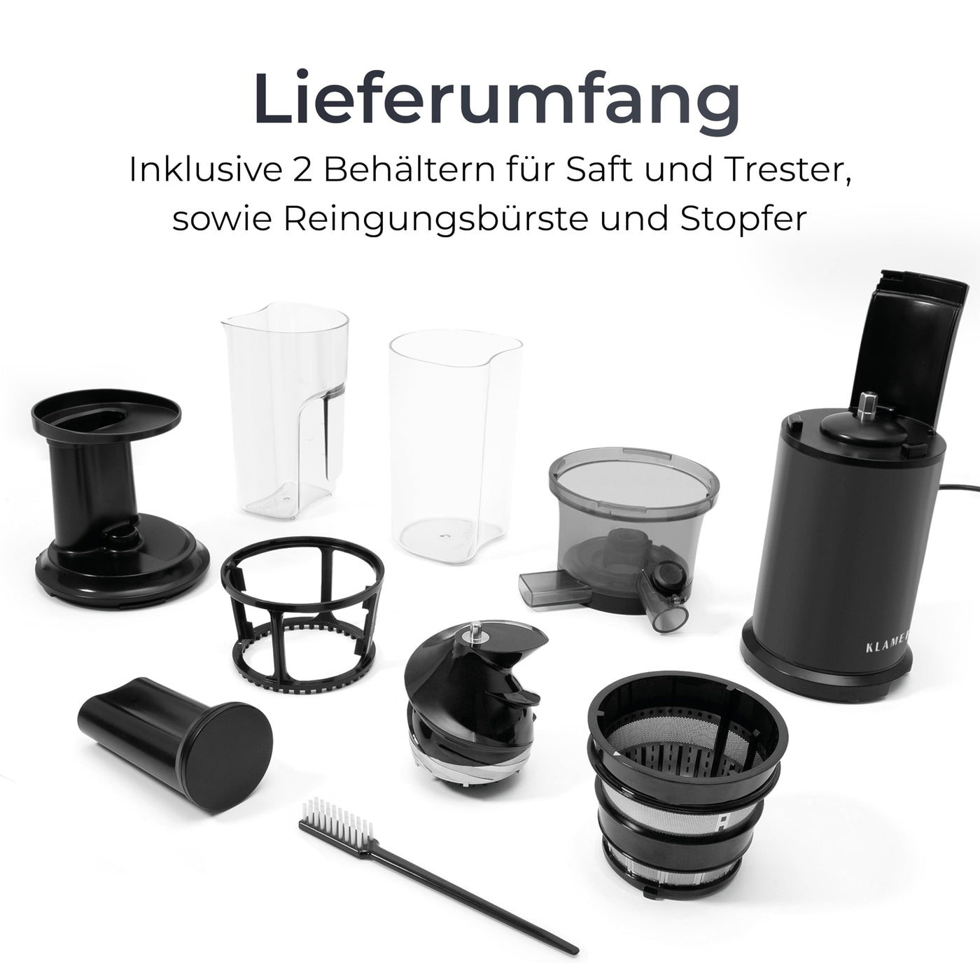 KLAMER Slow Juicer Gemüse und Obst, Entsafter mit Rückwärtsgang, elektrische Fruchtpresse mit Bürste und 2 Behältern, schlankes Design, schwarz