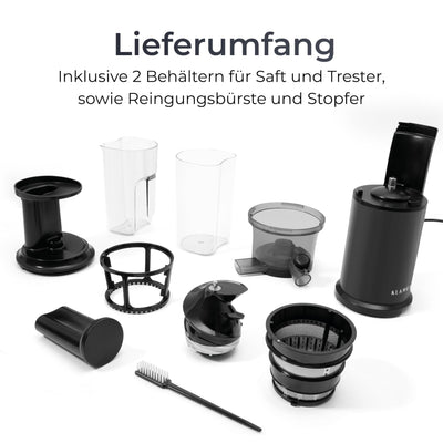 KLAMER Slow Juicer Gemüse und Obst, Entsafter mit Rückwärtsgang, elektrische Fruchtpresse mit Bürste und 2 Behältern, schlankes Design, schwarz