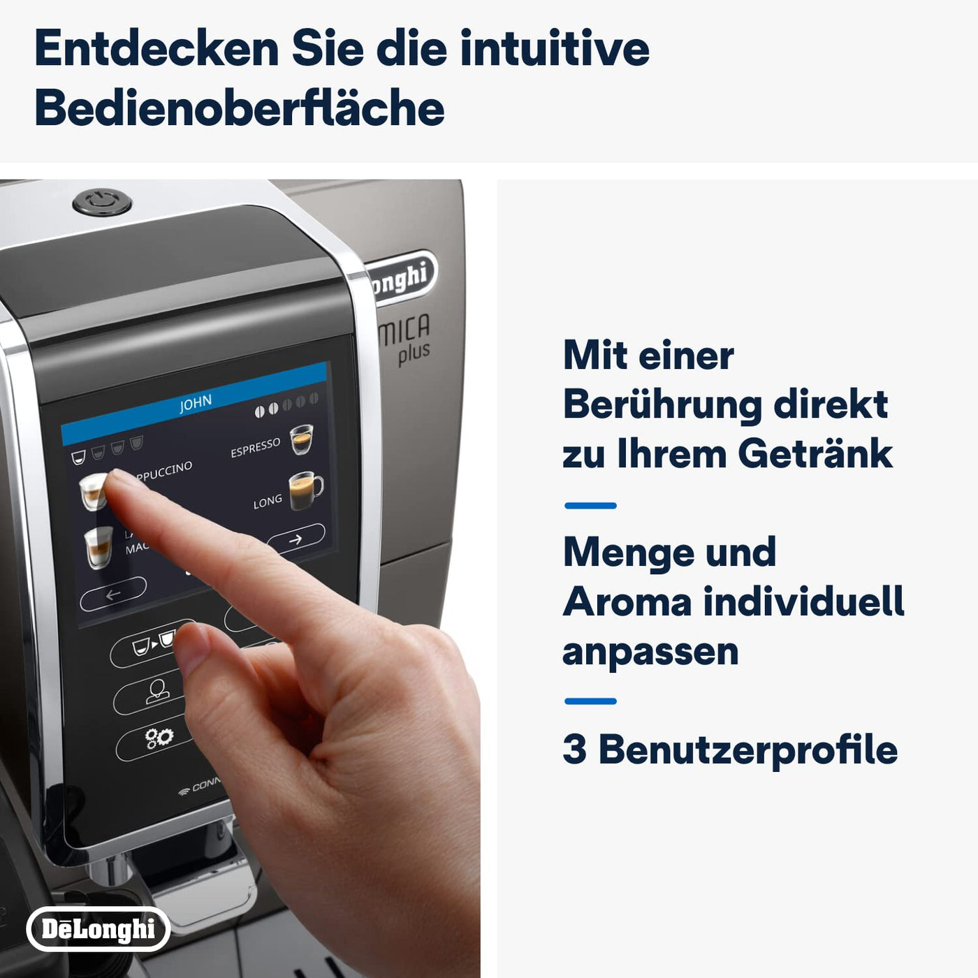 De'Longhi Dinamica Plus ECAM 372.95.TB Kaffeevollautomat mit LatteCrema Milchsystem, Cappuccino und Espresso auf Knopfdruck, Touchscreen Farbdisplay, Appsteuerung, Kaffeekannen-Funktion, Titan/Schwarz