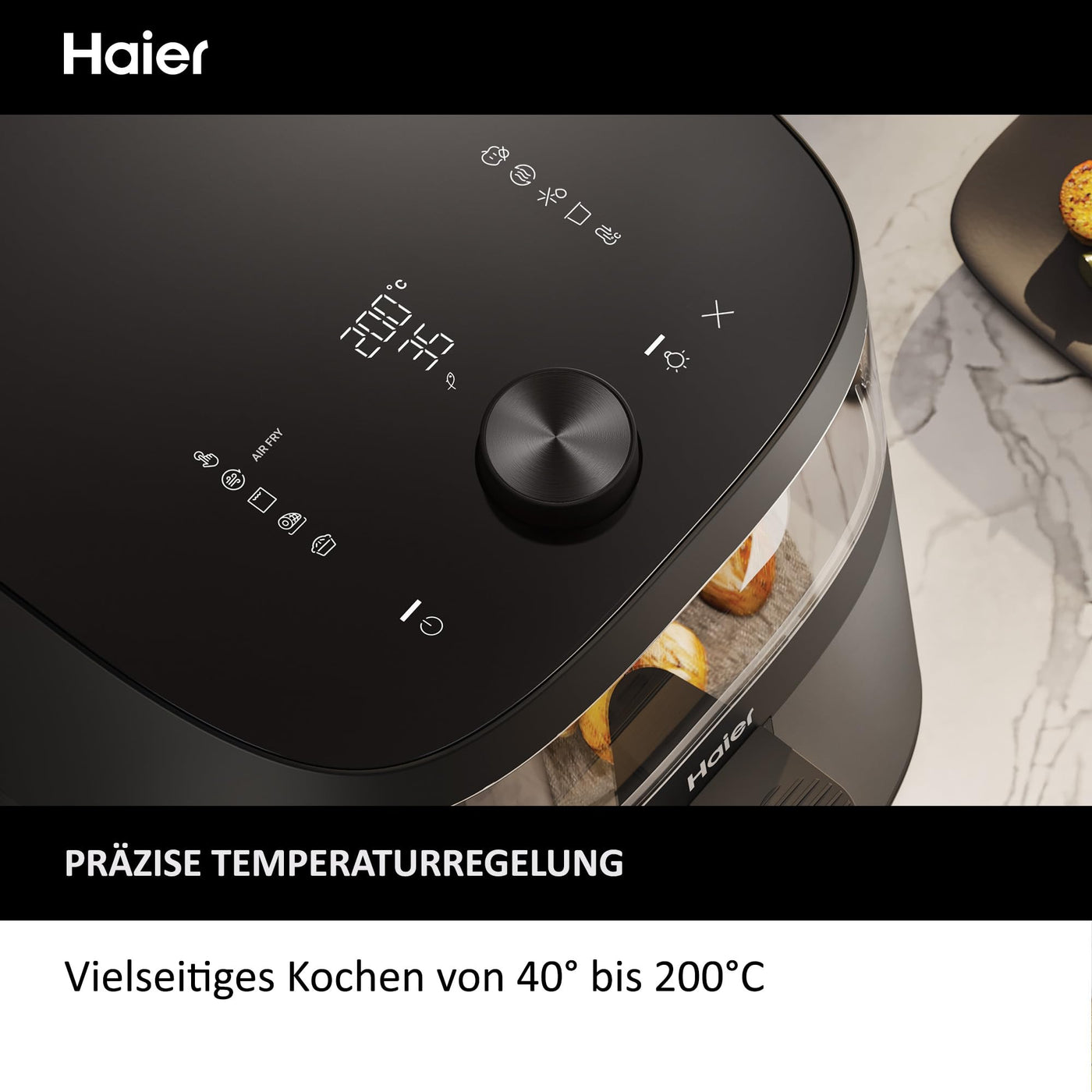 Haier Heißluftfritteuse mit Glasfenster I Airfryer mit 9 Programmen & 7 Liter Fassungsvermögen I 1700W Fryer mit LED Display I Fritteuse Heißluft ohne Fett I spülmaschinenfest [Serie 5 - HAF5TWA]