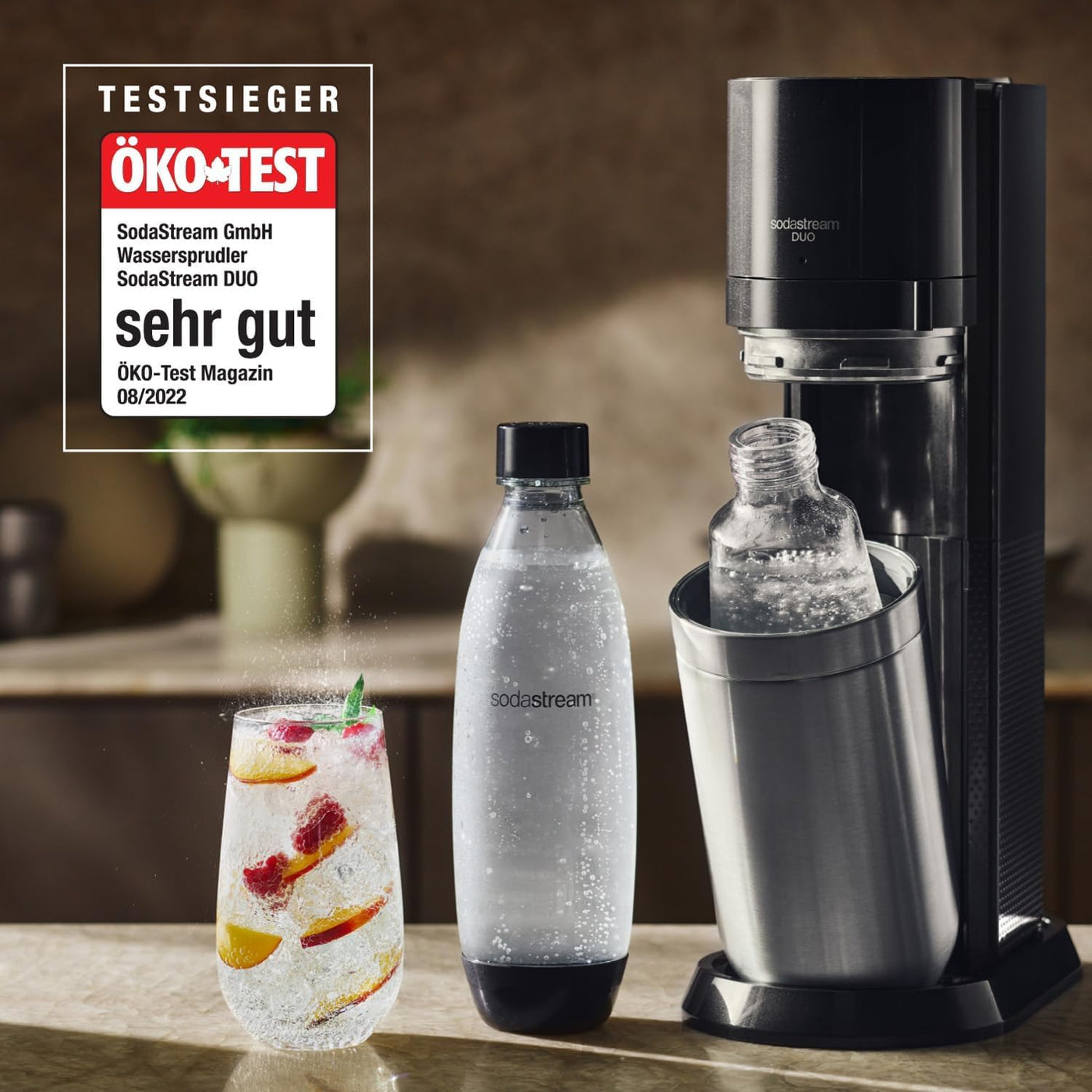 SodaStream Wassersprudler DUO mit CO2-Zylinder, 2x 1L Glasflasche und 2x 1L spülmaschinenfeste Kunststoff-Flasche, Höhe: 44cm, Farbe: Titan, 29x25.6x44.4